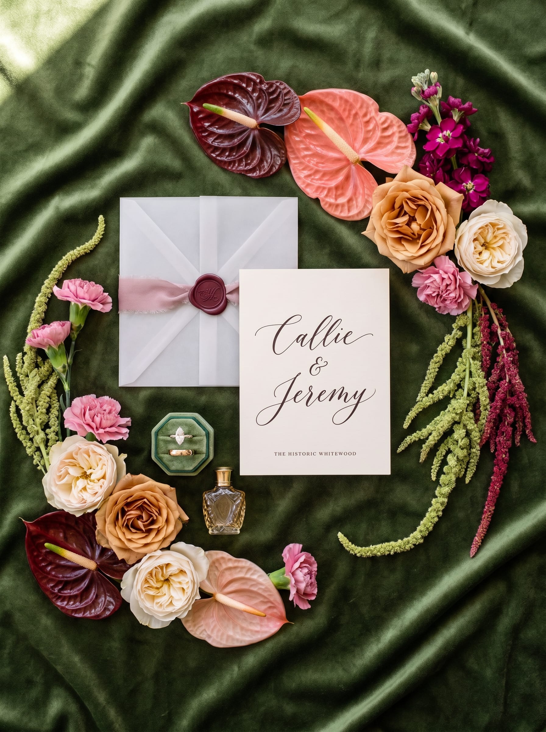 Styled flat lay of the wedding's keepsakes — the calligraphed invitation, wax-sealed vellum wrap, dusty-pink ribbon, the green velvet ring box, and a perfume bottle, wreathed in anthurium, garden roses, carnations and trailing amaranthus on green velvet — designed by Lael Florals