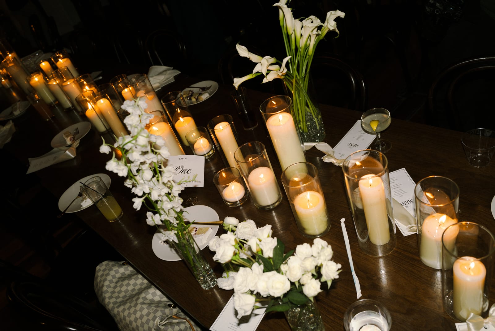 Candlelit reception tablescape with callas and spray roses at the Sharon & Matt wedding — designed by Lael Florals