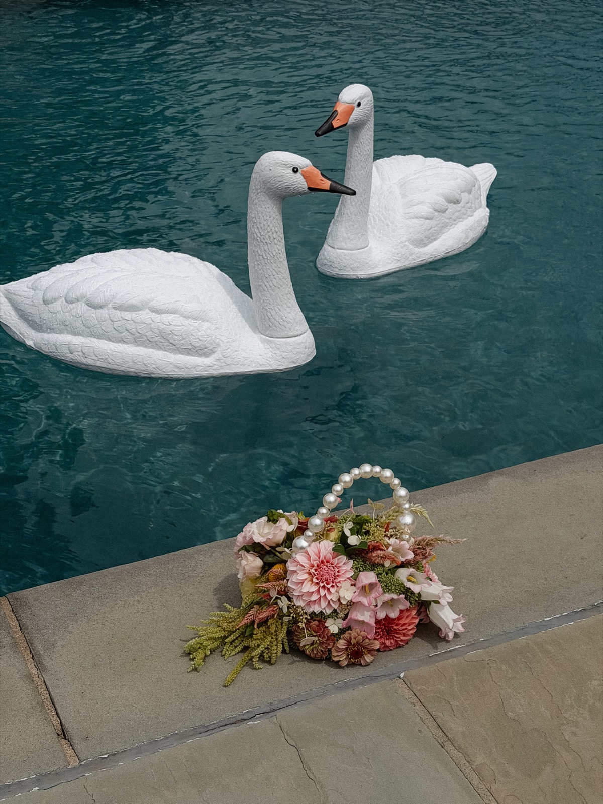 Two floating decoy swans on the pool at Historic Whitewood, the pearl-handled floral purse resting on the coping in the foreground